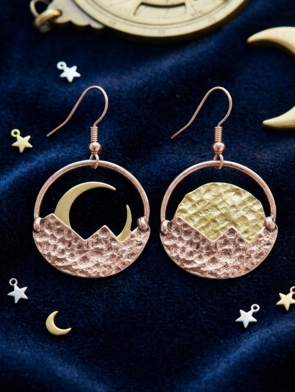 Hammered Sun Moon Dangle Earrings Whimsigoth Gold Copper Mixed Metal 1.8"